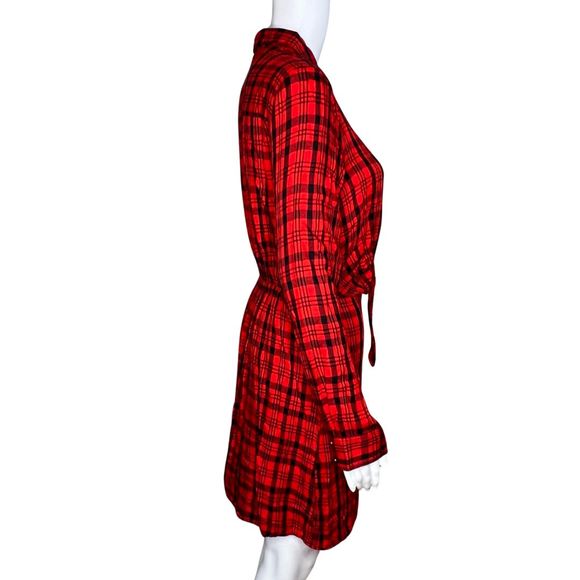 Express‎ Dress Womens XS Red Black Plaid Shirt Dress Twist Front Office Casual - Picture 2 of 9